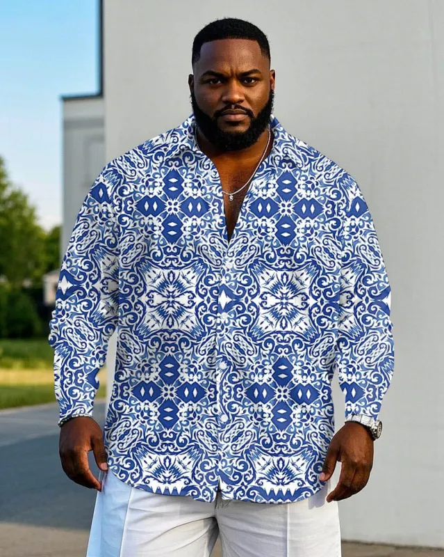 Men's Plus Size Oriental Blue And White Porcelain Long Sleeve Shirt sold by Biggmans
