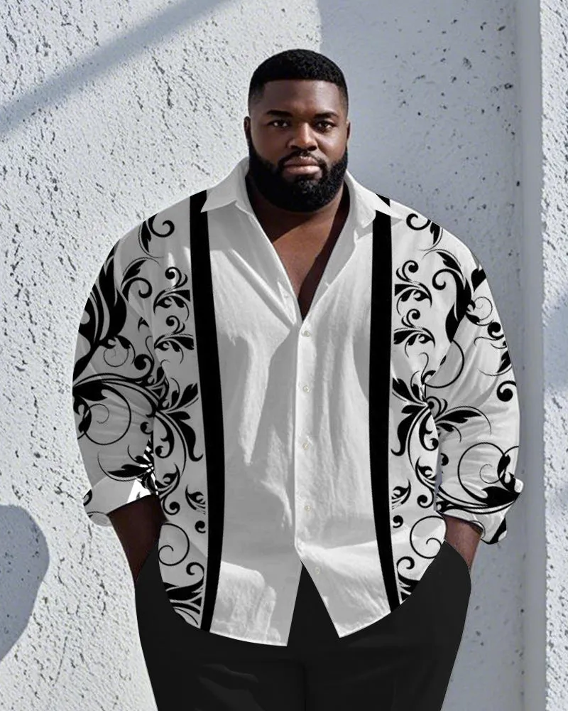 Men's Plus Size Business Black And White Retro Pattern Printed Long Sleeve Shirt sold by Biggmans