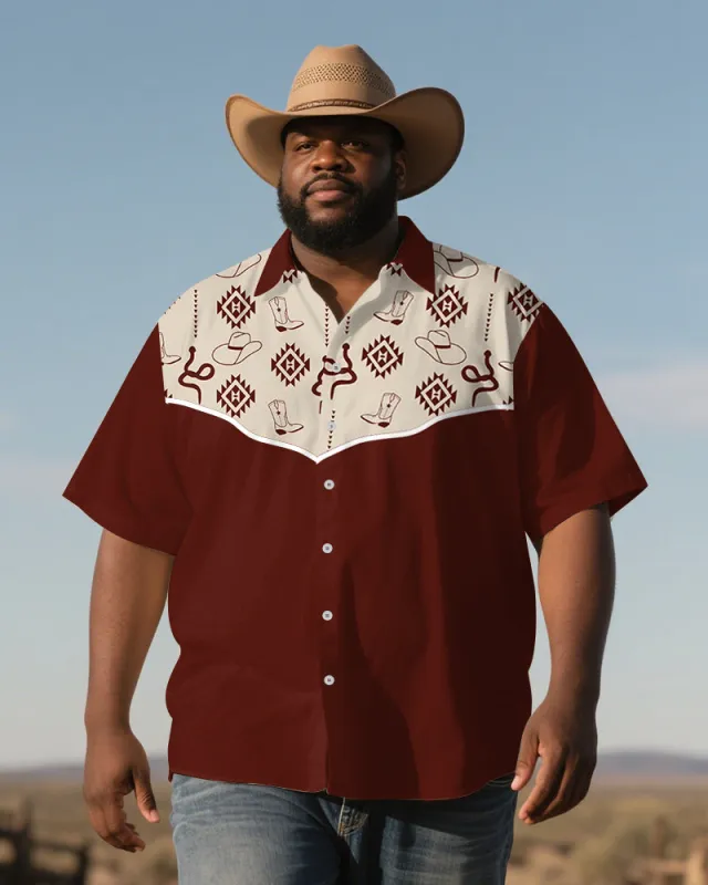Men's Plus Size Western Style Red Patchwork Aztec Print Short Sleeve Shirt sold by Biggmans