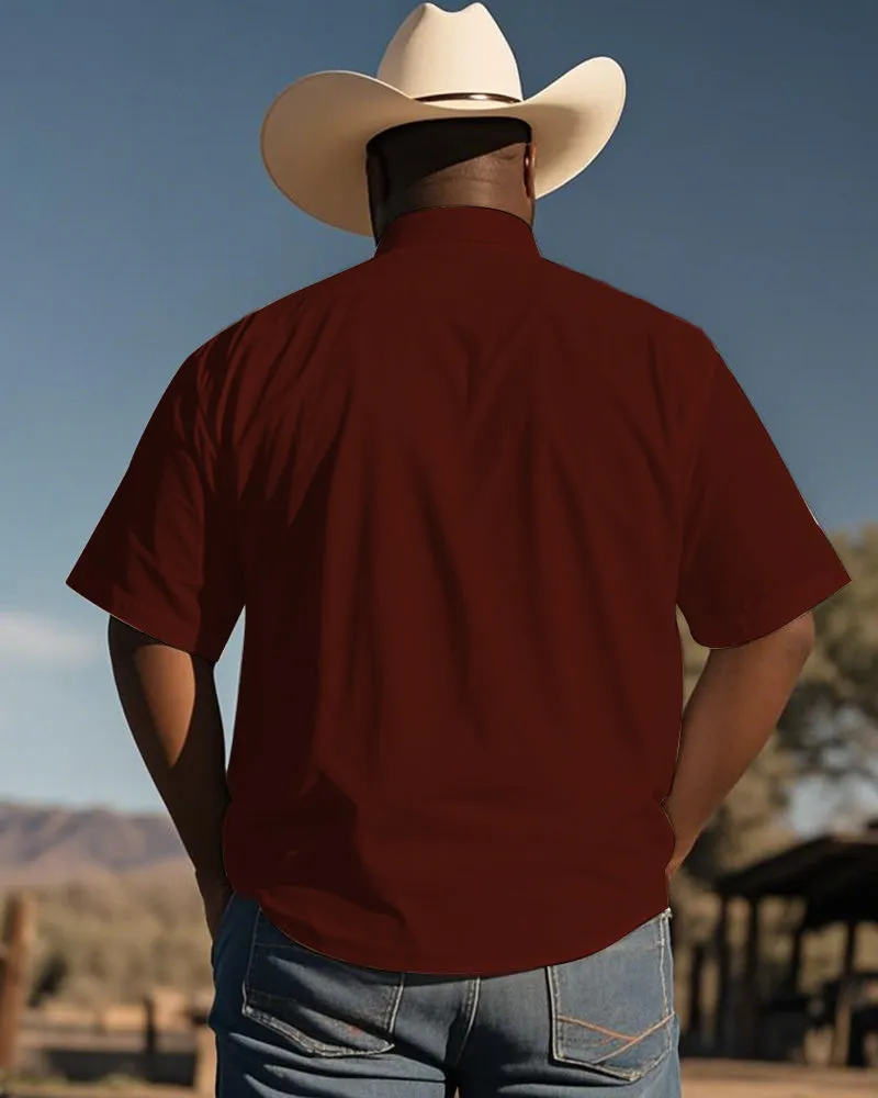 Men's Plus Size Western Style Red Patchwork Aztec Print Short Sleeve Shirt sold by Biggmans product image thumbnail 2