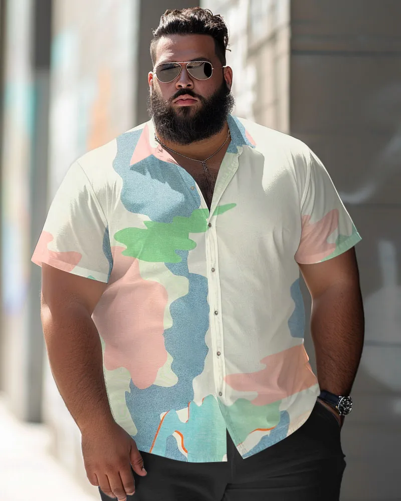 Men's Plus Size Casual Irregular Color Block Printed Button-Up Short Sleeve Shirt sold by Biggmans