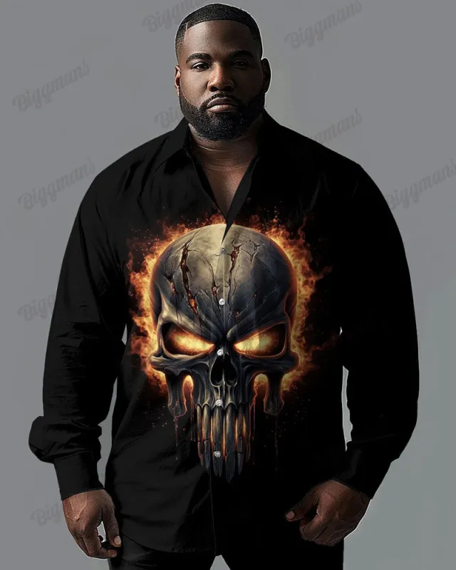 Plus Size Men's Casual Skull on Fire Print Lapel Long Sleeve Shirt sold by Biggmans