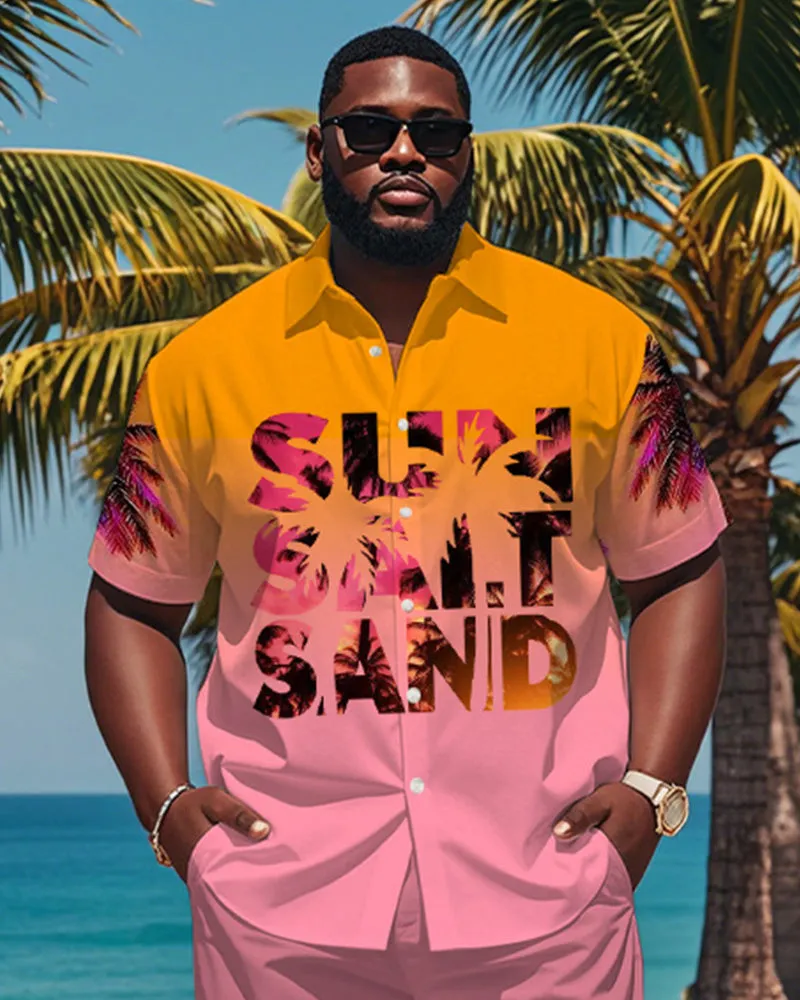 Men's Plus Size Hawaiian Gradient Sun Salt Sand Monogram Print Short Sleeve Shirt sold by Biggmans
