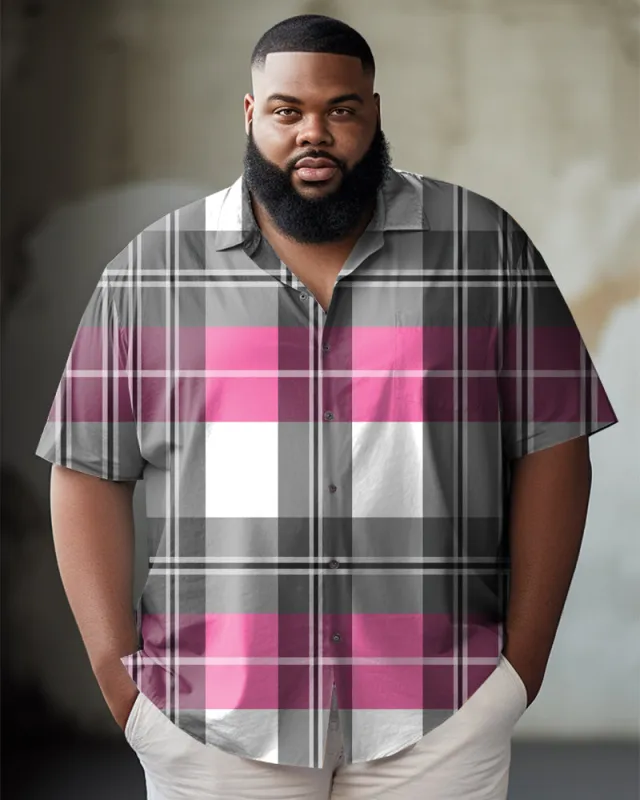 Men's Big & Tall Business Casual Pink And Gray Plaid Graphic Lapel Short-Sleeved Shirt sold by Biggmans
