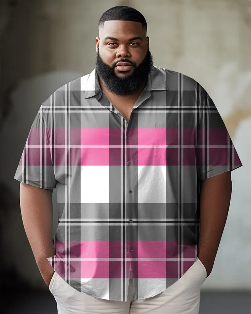 Men's Big & Tall Business Casual Pink And Gray Plaid Graphic Lapel Short-Sleeved Shirt sold by Biggmans