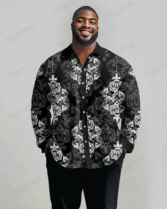 Men's Big & Tall Vintage Luxury Classical Black Print Lapel Long Sleeve Shirt sold by Biggmans