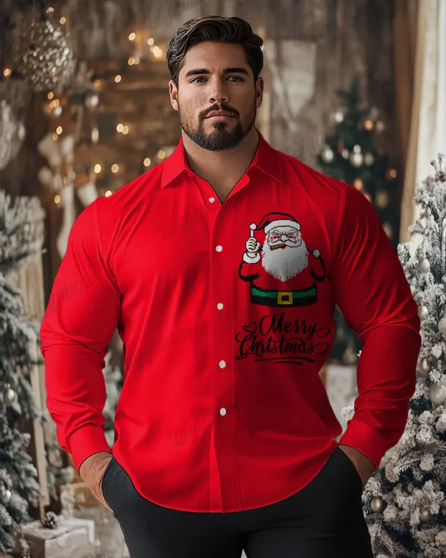 Plus Size Men's Red Merry Christmas Letter Print Lapel Long Sleeve Shirt sold by Biggmans