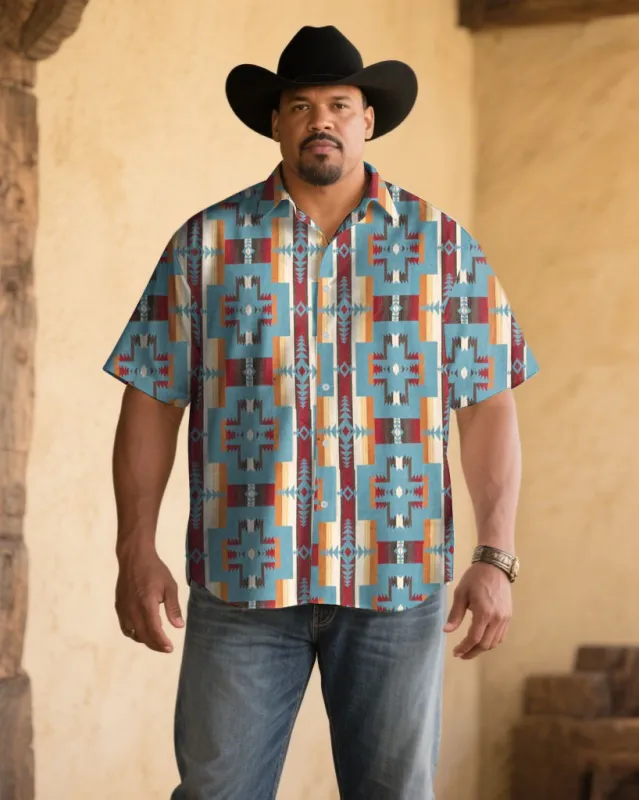 Men's Plus Size Western Denim Classic Color Print Short Sleeve Shirt sold by Biggmans