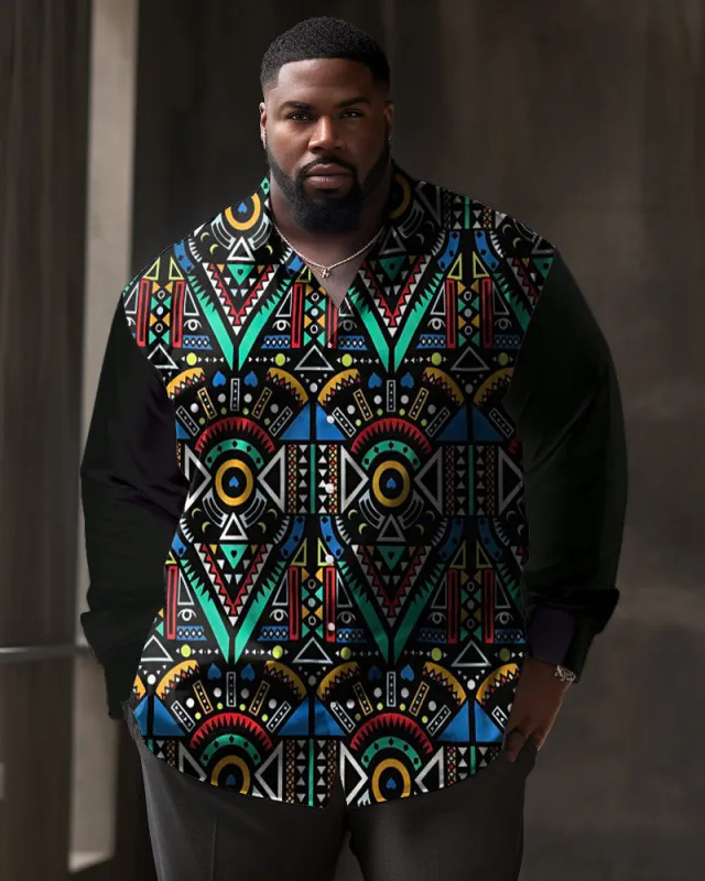 Black Ethnic Style Contrasting Print Big & Tall Men's Long Sleeved Shirt sold by Biggmans