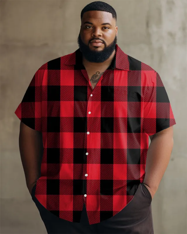 Men's Large Size Casual Red Plaid Lapel Short Sleeve Shirt sold by Biggmans