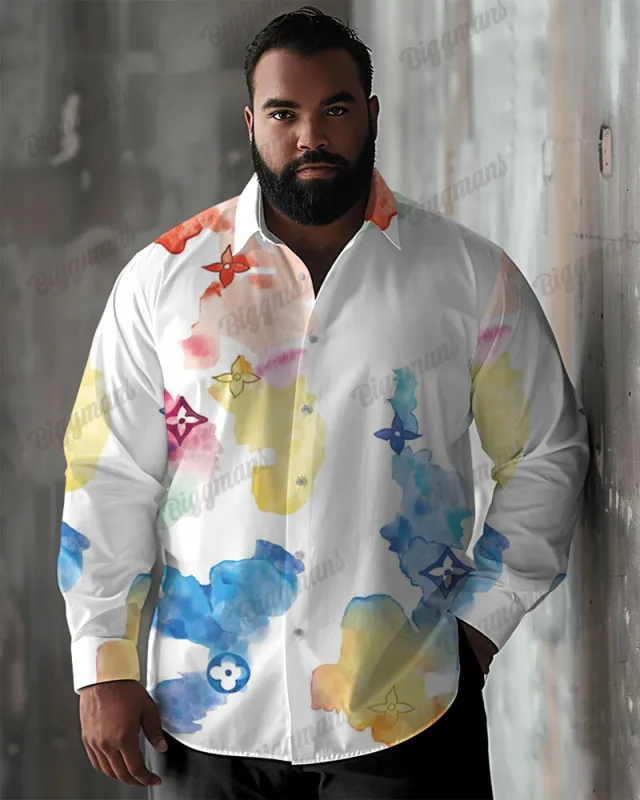 Big & Tall Men's Casual Simple Geometric Pattern Tie Dye Print Lapel Long Sleeve Shirt sold by Biggmans
