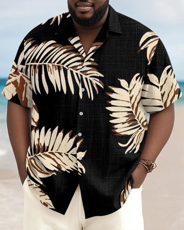 Men's Plus Size Hawaiian Black Art Leaf Print Short Sleeve Slub Shirt sold by Biggmans