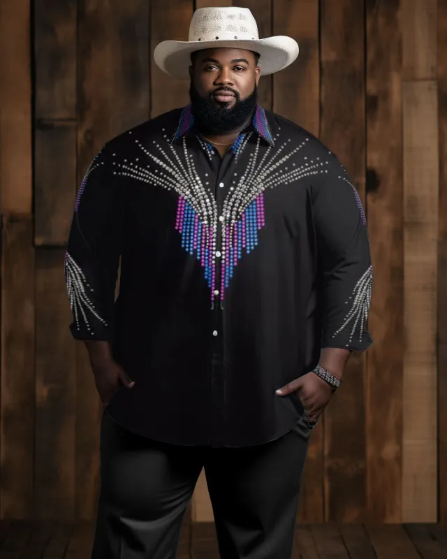 Men's Big & Tall Western Denim Retro Sequin Graphic Lapel Long Sleeve Shirt sold by Biggmans