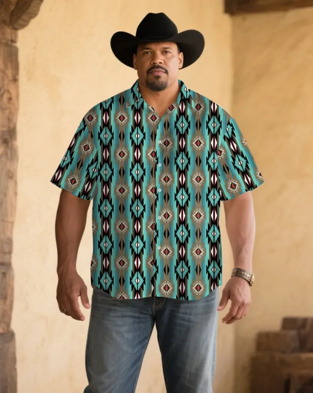 Men's Plus Size Western Denim-Print Short Sleeve Shirt sold by Biggmans