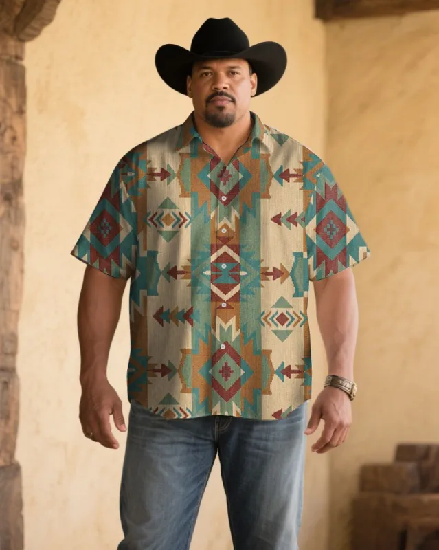 Men's Plus Size Retro Western Denim Ethnic Classic Color Print Short Sleeve Shirt sold by Biggmans