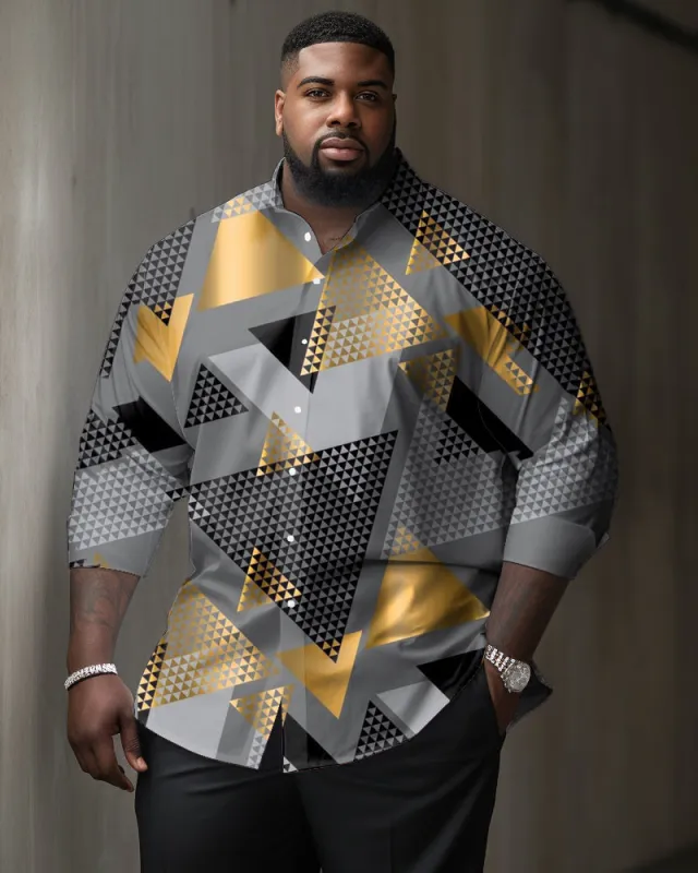 Men's Big & Tall Casual Geometric Triangle Textured Lapel Long Sleeve Shirt sold by Biggmans