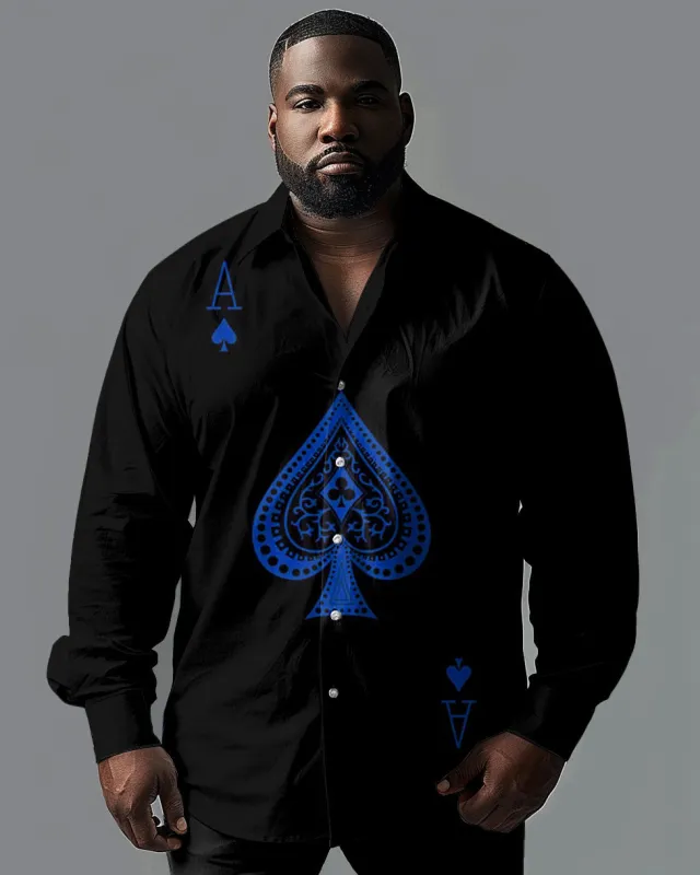Big & Tall Men's Casual Simple Ace Graphic Print Lapel Long Sleeve Shirt sold by Biggmans