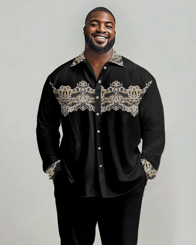 Men's Big & Tall Vintage Luxury Classical Pattern Print Lapel Long Sleeve Shirt sold by Biggmans