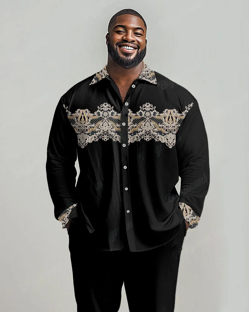 Men's Big & Tall Vintage Luxury Classical Pattern Print Lapel Long Sleeve Shirt sold by Biggmans
