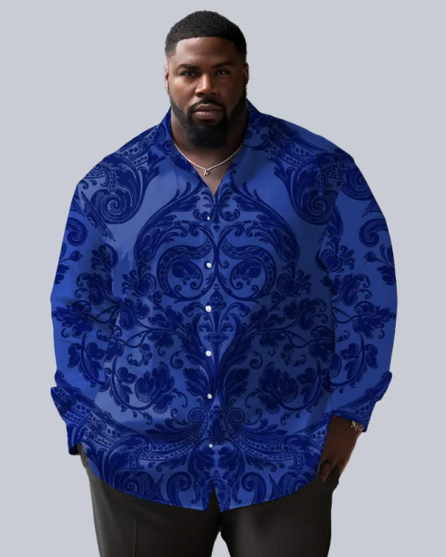 Blue High-end Baroque Pattern Jacquard Business Lapel Long Sleeve Shirt Men's Big & Tall sold by Biggmans