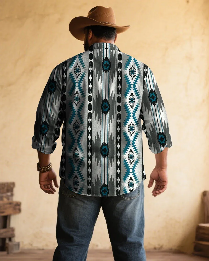 Men's Plus Size Retro Western Cow Gray Blue Pattern Print Long Sleeve Shirt sold by Biggmans product image thumbnail 2