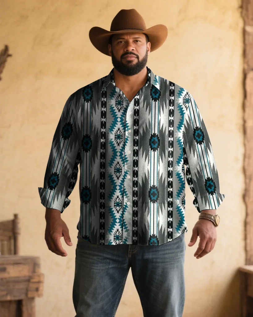 Men's Plus Size Retro Western Cow Gray Blue Pattern Print Long Sleeve Shirt sold by Biggmans