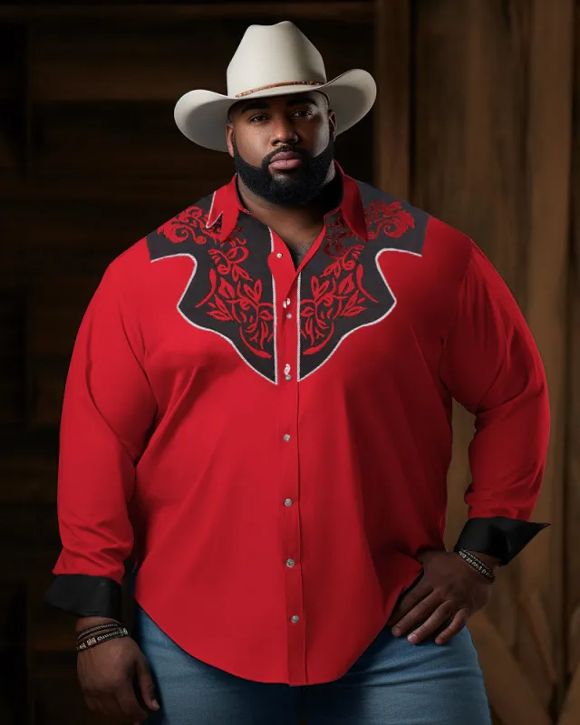 Men's Big & Tall Western Denim Red Button Down Long Sleeve Shirt sold by Biggmans