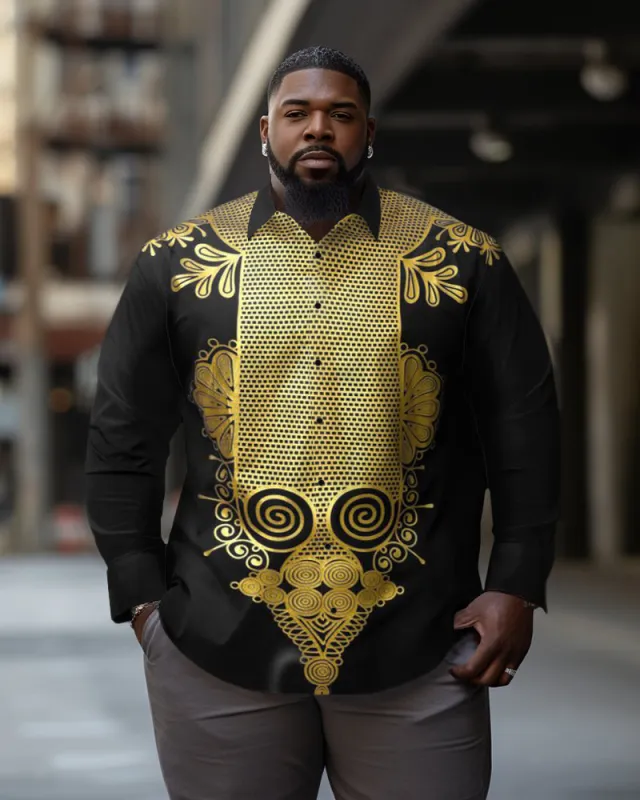 Men's Big and Tall Ethnic Style Black Gold Totem Lapel Long Sleeve Shirt sold by Biggmans