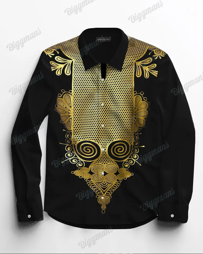 Men's Big and Tall Ethnic Style Black Gold Totem Lapel Long Sleeve Shirt sold by Biggmans product image thumbnail 2