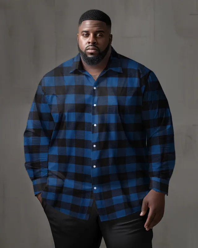 Men's Classic Casual Big & Tall Blue Black Plaid Long Sleeve Lapel Shirt sold by Biggmans