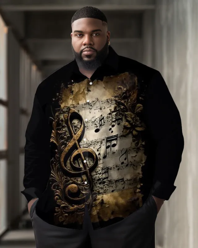 Big & Tall Men's Casual Retro Music Chapter Print Lapel Long Sleeve Shirt sold by Biggmans