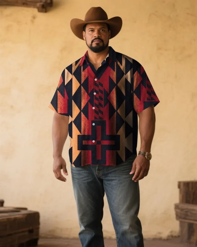 Men's Plus Size Western Denim Black & Red Printed Short Sleeve Shirt sold by Biggmans