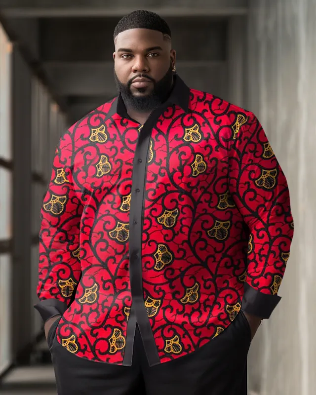 Men's Classic Casual Plus Size Red & Black Pattern Long Sleeve Lapel Shirt made by Biggmans