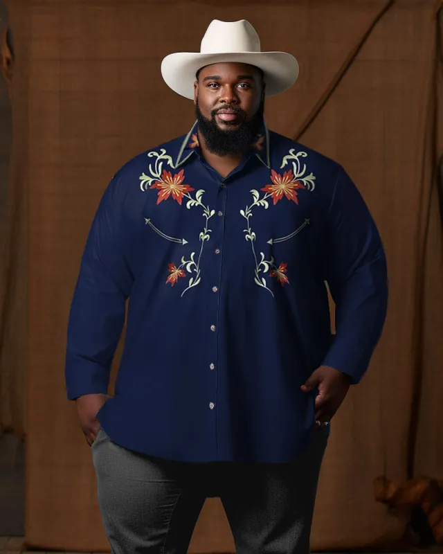Men's Large Size Western Denim Floral Totem Pattern Lapel Long Sleeve Shirt sold by Biggmans