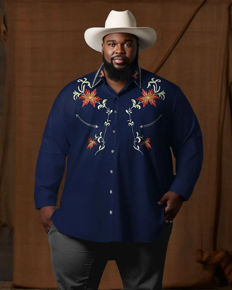 Men's Large Size Western Denim Floral Totem Pattern Lapel Long Sleeve Shirt sold by Biggmans