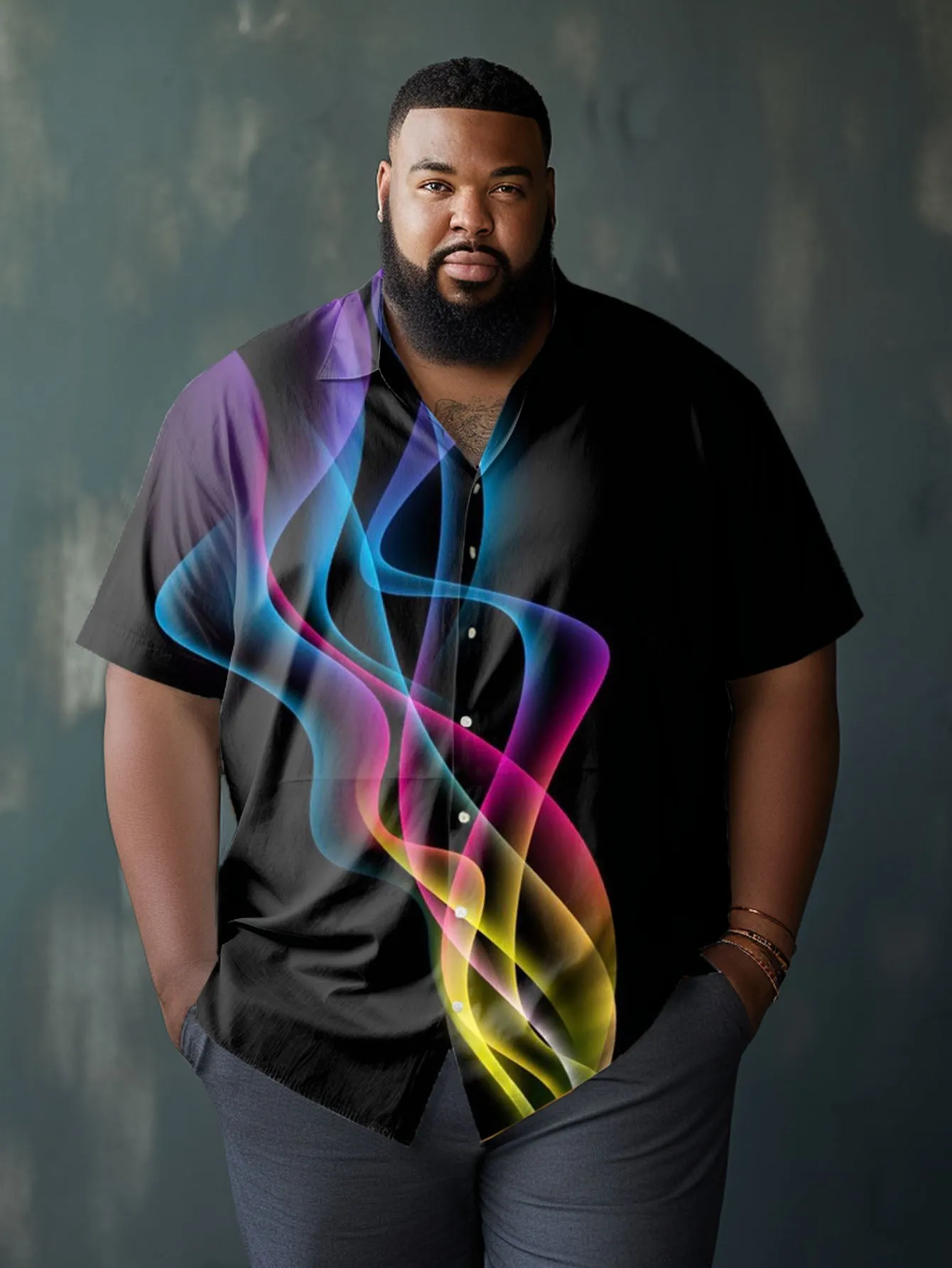 Big Men's Casual Colorful Abstract Aurora 3D Print Short Sleeve Lapel Shirt sold by Biggmans