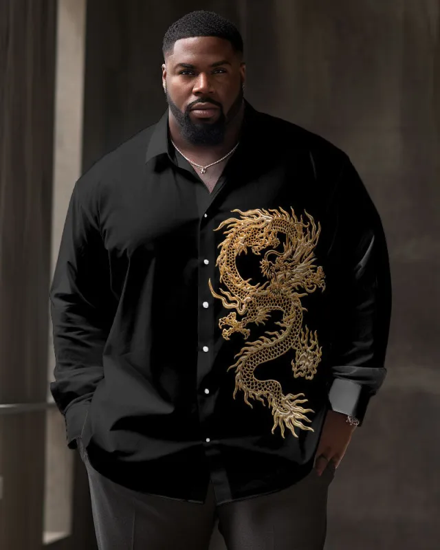 Big Men's Dragon Pattern Lapel Casual Long Sleeve Shirt sold by Biggmans