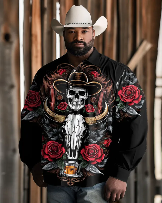 Men's Big and Tall Western Denim Rose Skull Horn Pattern Lapel Long Sleeve Shirt sold by Biggmans
