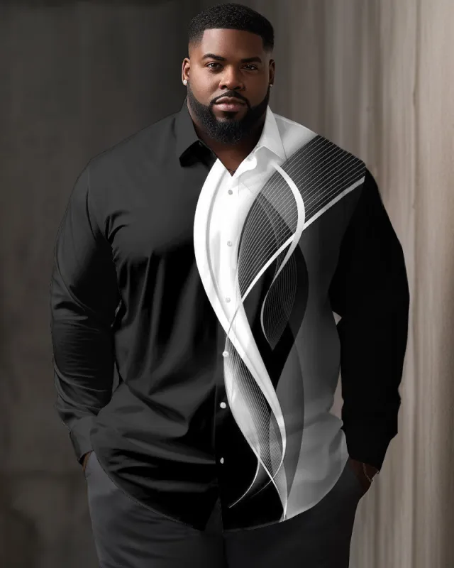 Big & Tall Men's Casual Simple Wavy Stripes Print Lapel Long Sleeve Shirt sold by Biggmans