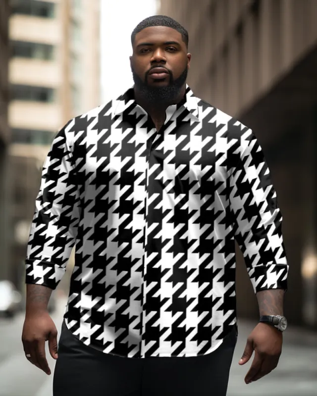 Big Men's Ethnic Houndstooth Print Lapel Long Sleeve Shirt sold by Biggmans