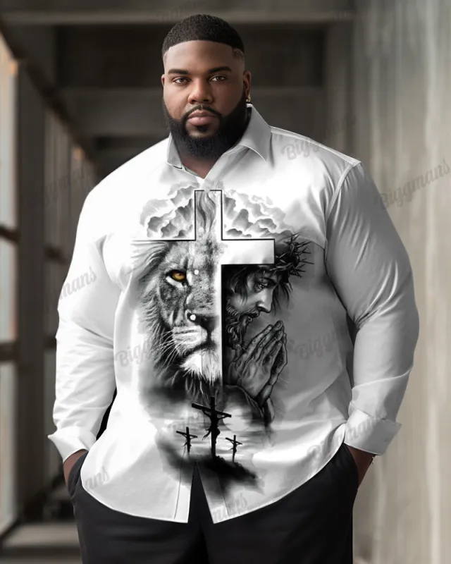 Big Men's Casual Lion Jesus Ink Painting Print Lapel Long Sleeve Shirt sold by Biggmans