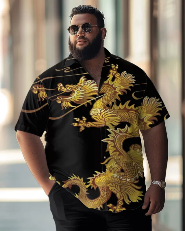 Vintage Art Dragon Pattern Men's Big and Tall Short Sleeve Shirt sold by Biggmans