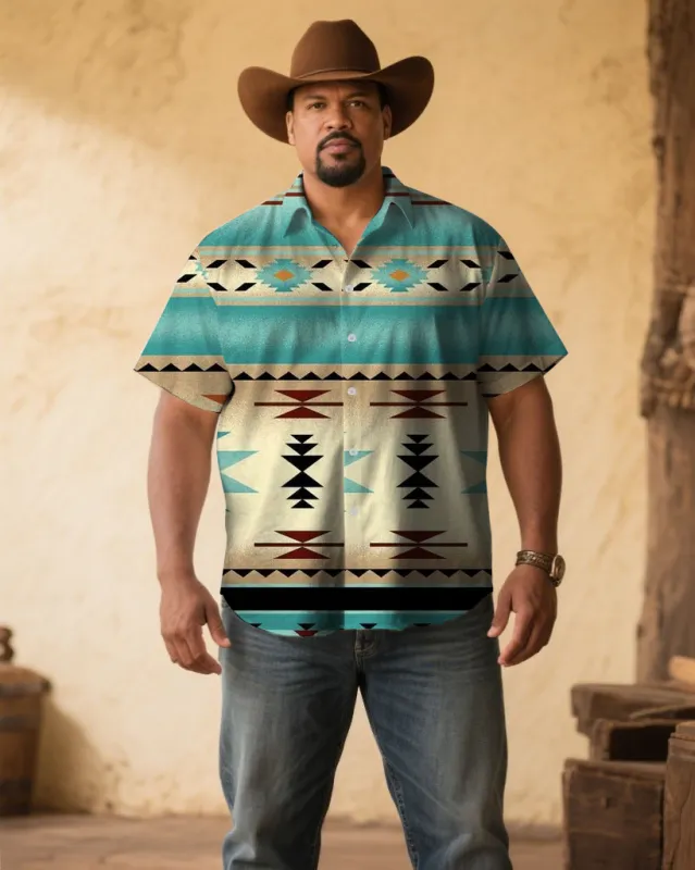 Men's Plus Size Western Denim Floral Print Short Sleeve Shirt sold by Biggmans