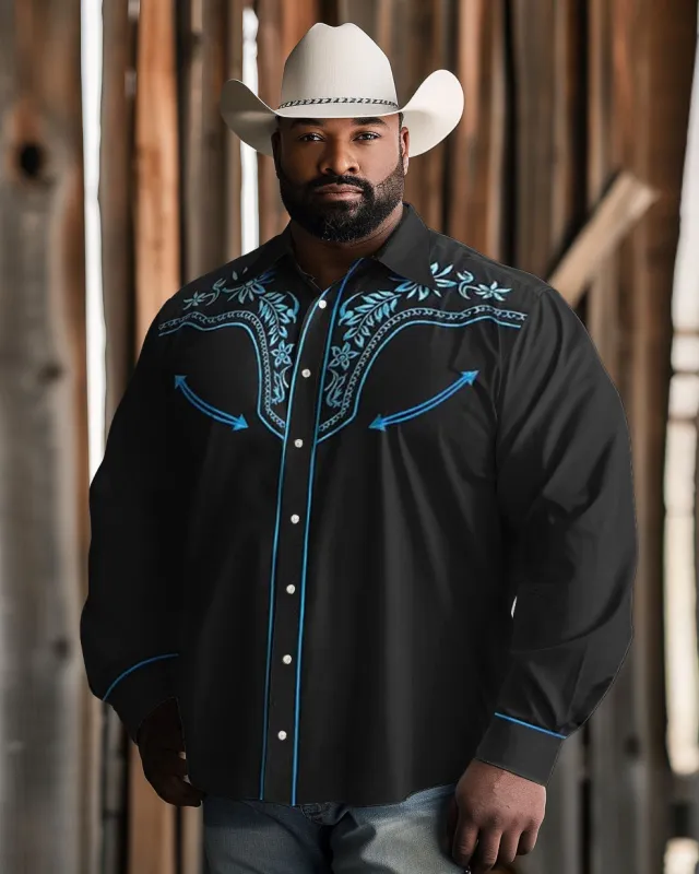 Men's Plus Size Western Denim Retro Blue Floral Pattern Lapp Long Sleeve Shirt sold by Biggmans