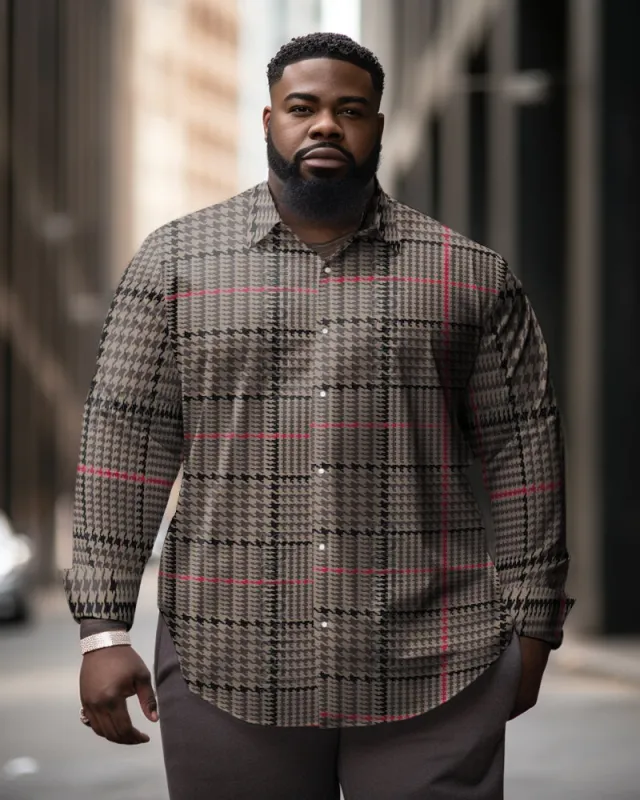 Men's Plus Size Ethnic Style Fine Check Lapel Long Sleeve Shirt sold by Biggmans