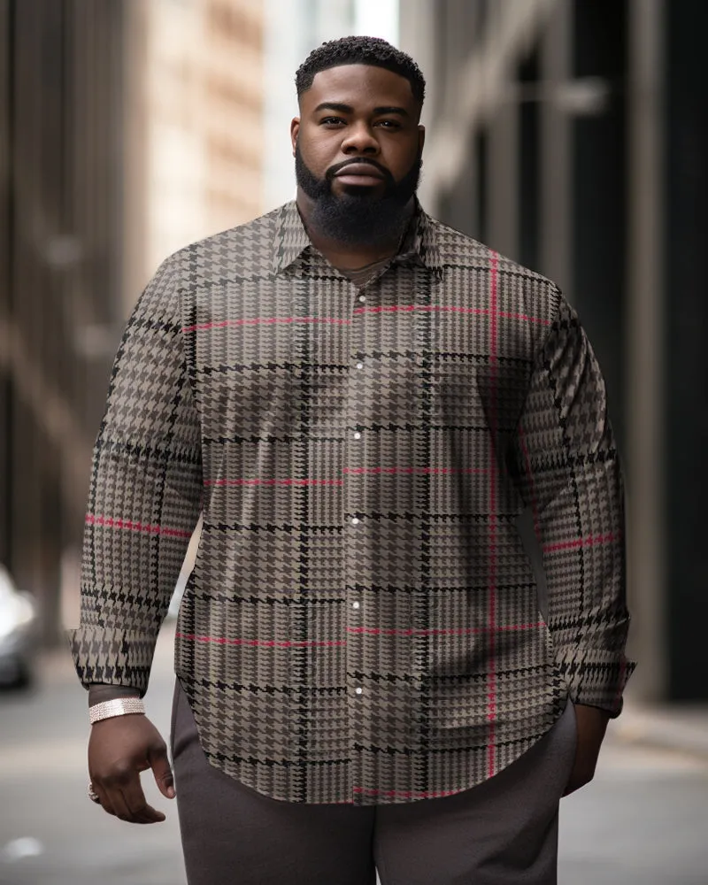 Men's Plus Size Ethnic Style Fine Check Lapel Long Sleeve Shirt sold by Biggmans