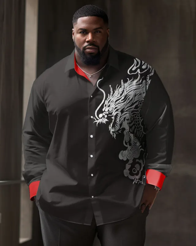 Big Guys Casual Striped Dragon-Pattern Lapel Long Sleeve Shirt sold by Biggmans