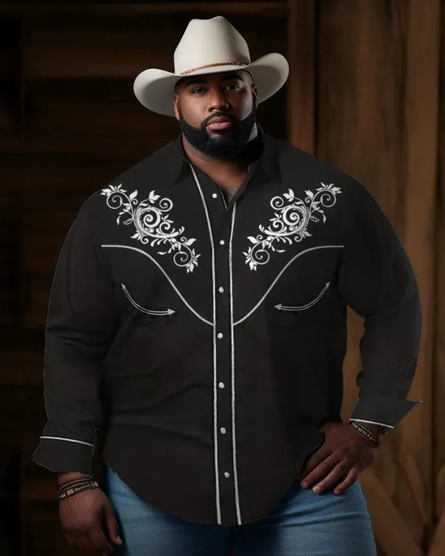 Big Guys Western Denim Vintage Black Floral Pattern Lapel Long Sleeve Shirt sold by Biggmans