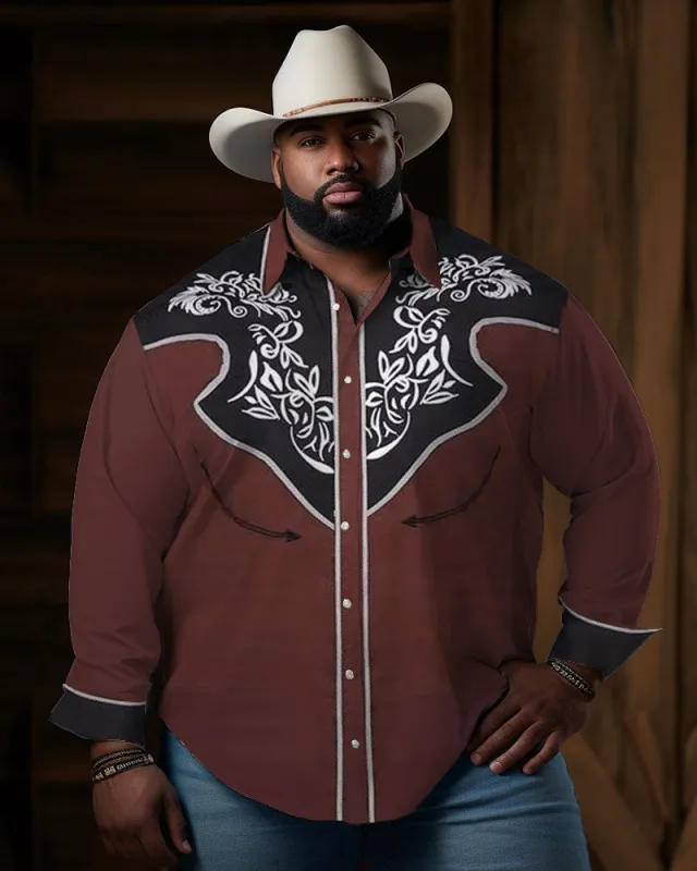 Big & Tall Guy’s Western Vintage Black And Red Colorblock Floral Pattern Long Sleeve Shirt sold by Biggmans