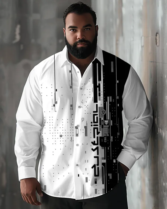 Big Men's Black and White Geometric Contrast Print Lapel Long Sleeve Shirt sold by Biggmans